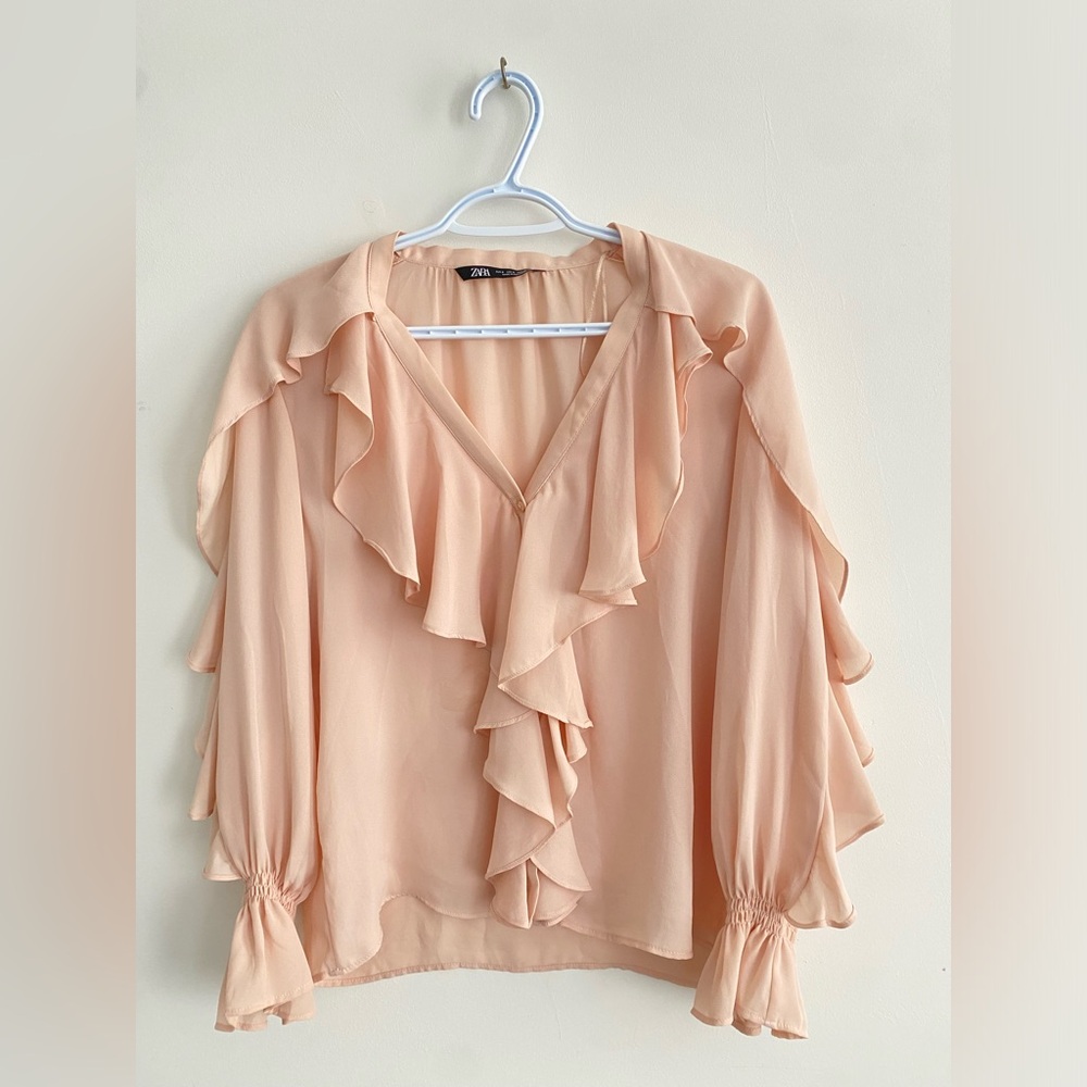 Zara Long Sleeve Frills Cream Blouse Size Small